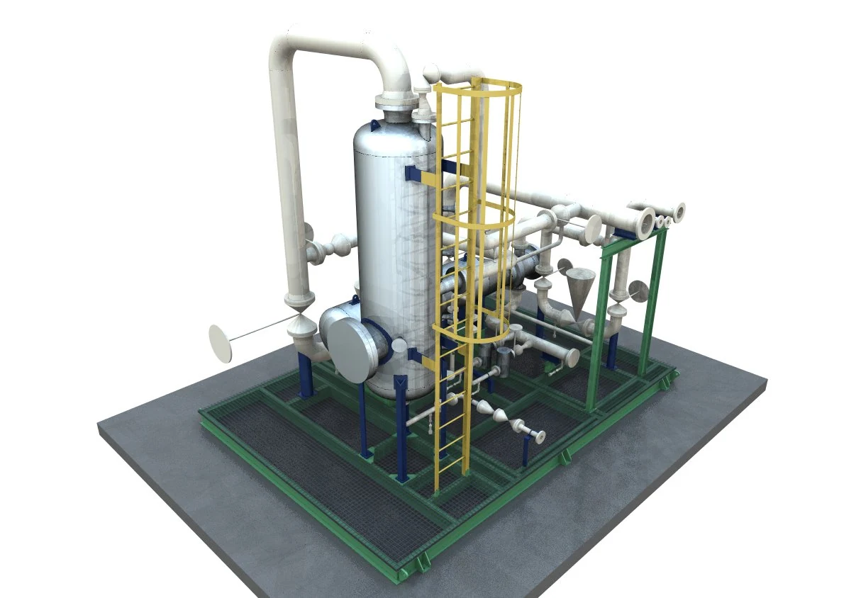Modelo 3D de separador bifásico sobre skid
