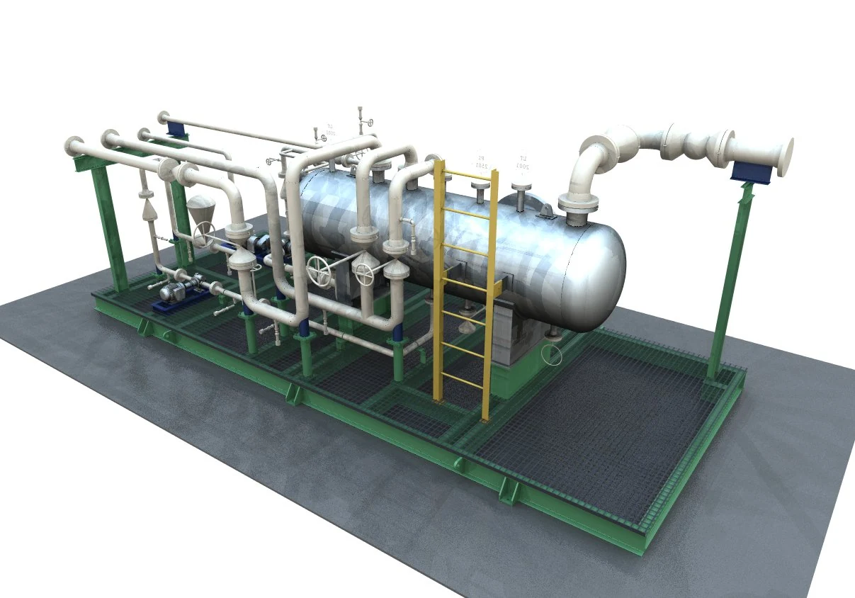 Modelo 3D de separador trifásico sobre skid